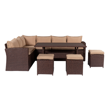 8-Piece Set Outdoor <b style=\\'color:red\\'>Rattan</b> Dining Table And Chair Brown Wood Grain <b style=\\'color:red\\'>Rattan</b> Khaki Cushion Plastic