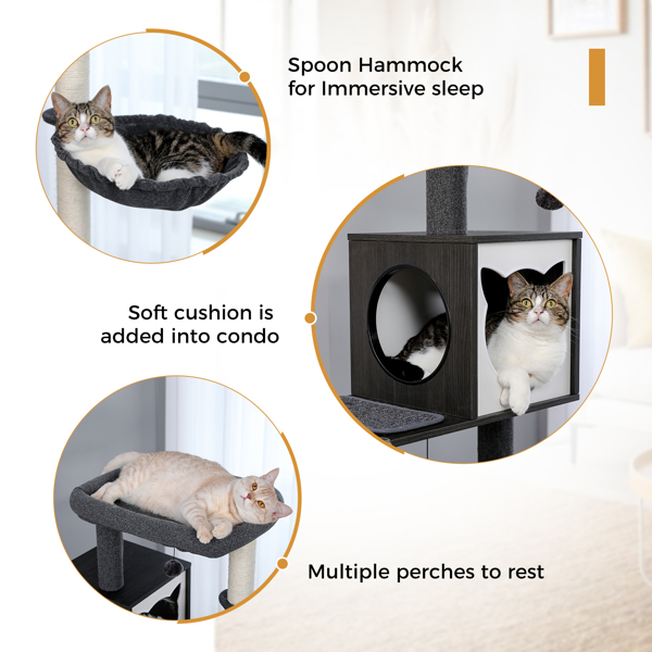 56.7" Cat Tree with Litter Box Enclosure Large, Wood Cat Tower for Indoor Cats with Storage Cabinet and Cozy Cat Condo, Sisal Covered Scratching Post and Repalcable Dangling Balls, Black(Unable to shi