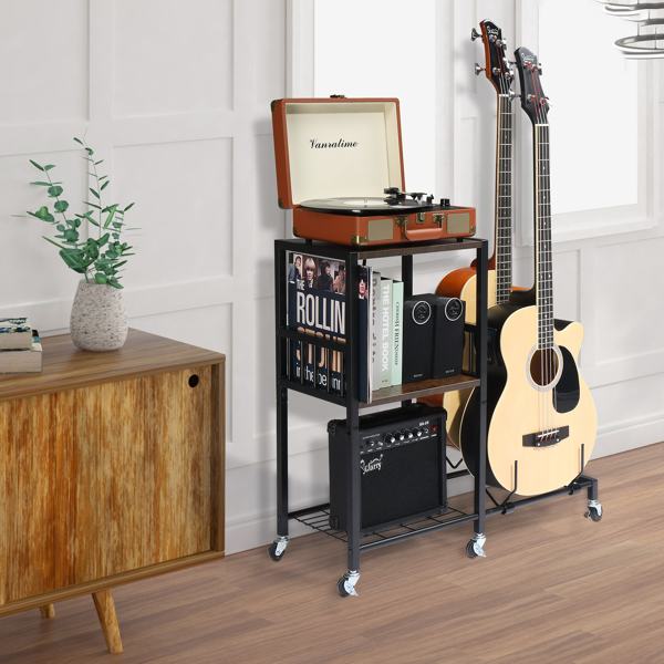 Multifunction Guitar Stand with 3 USB Ports and 2 AC Outlets, and 2-Tier for Acoustic, Electric Guitar, Bass, Guitar Rack Holder Adjustable for Guitar Amp Accessories, Vinyl record player