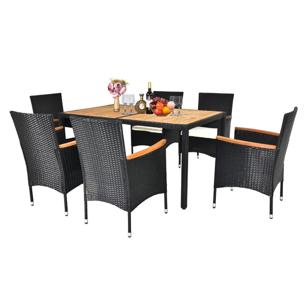 7 Piece Patio Dining Set, Outdoor Patio Conversation Set with Acacia Wood Table Top and Rattan Chairs and Soft Seat Cushions for Deck Backyard Garden, Black