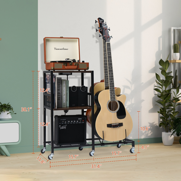 Multifunction Guitar Stand with 3 USB Ports and 2 AC Outlets, and 2-Tier for Acoustic, Electric Guitar, Bass, Guitar Rack Holder Adjustable for Guitar Amp Accessories, Vinyl record player
