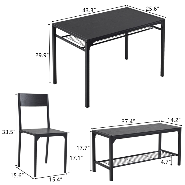 Dining Table Set for 4, Kitchen Table with 2 Chairs and a Bench, 4 Piece Kitchen Table Set for Small Space, Home Kitchen Bar Pub Apartment, Black