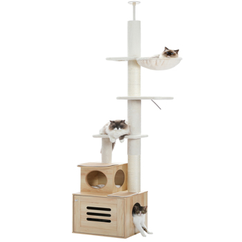 Cat Tree Floor to Ceiling Cat Tower for Indoor Cats, Cat Condo for Indoor Cats Adjustable Height 90.6-110.2\\", 6 Tiers Modern Cat Tree with Litter Box Enclosure, Scratching Post, Beige 