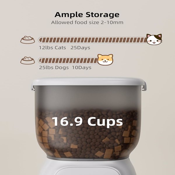 Automatic Cat Feeder, 4L Detachable Cat Food Dispenser for Dry Food Up to 15 Portions 6 Meals Per Day, Dual Power Supply Timed Cat Feeders