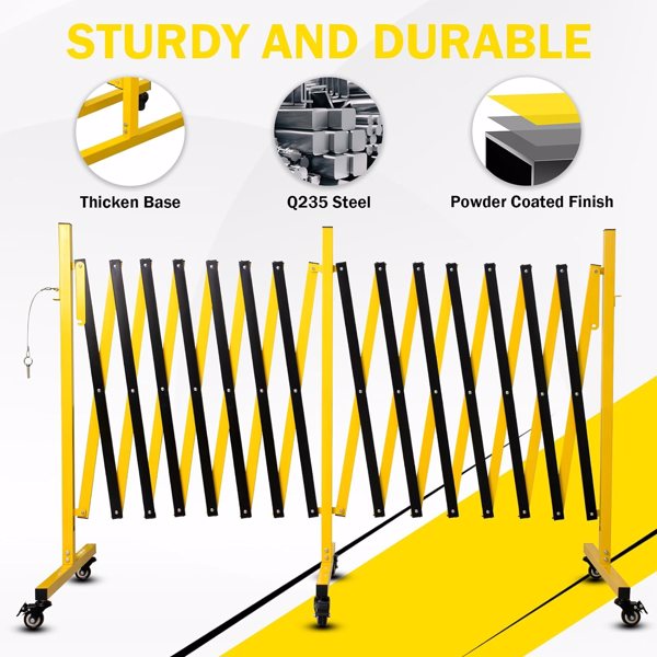 Metal Expandable Barricade, 23FT Traffic Barricade with Casters, Retractable Security Gate, Portable Driveway Gate Outdoor Barricade Fence for Construction Area, Traffic Control, Garage(23FT)