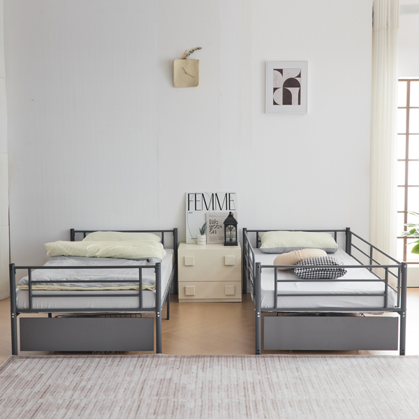 Twin Over Twin Convertible Bunk Bed with 2 Storage Drawers, Metal Bunk Bed Can be Divided Into Two Daybeds, Grey