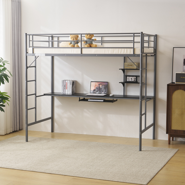 Twin Size Metal Loft Bed with Desk and Storage Shelves, 2 Built-in Ladders & Full-Length Guardrails, Loft Bed Frame for Teens Juniors Adults, Noise Free, No Box Spring Needed, Grey