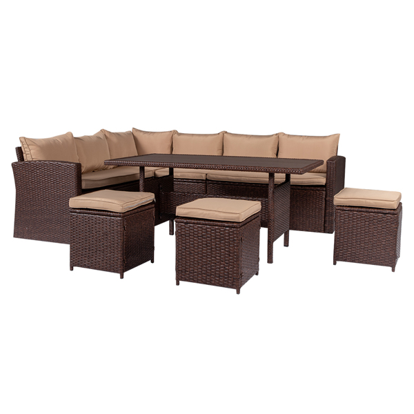 8-Piece Set Outdoor Rattan Dining Table And Chair Brown Wood Grain Rattan Khaki Cushion Plastic Wood Surface