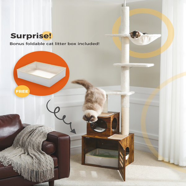 Cat Tree Floor to Ceiling Cat Tower for Indoor Cats, Cat Condo for Indoor Cats Adjustable Height 90.6-110.2", 6 Tiers Modern Cat Tree with Litter Box Enclosure, Scratching Post, Brown