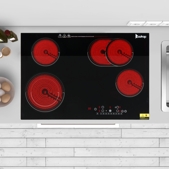 Electric Ceramic Stove! ZOKOP 30in 220v 7200w Rectangular 4-Burner Stove, Glass And Iron Spray-Coated Anti-Rust Bottom Shell, Touch Screen Embedded Wiring, Electric Ceramic Stove, Black