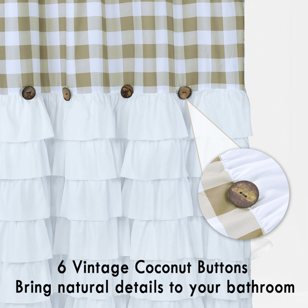 Farmhouse Ruffle Buffalo Check Shower Curtain with Coconut Buttons
