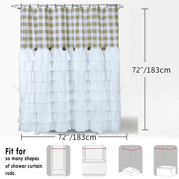 Farmhouse Ruffle Buffalo Check Shower Curtain with Coconut Buttons