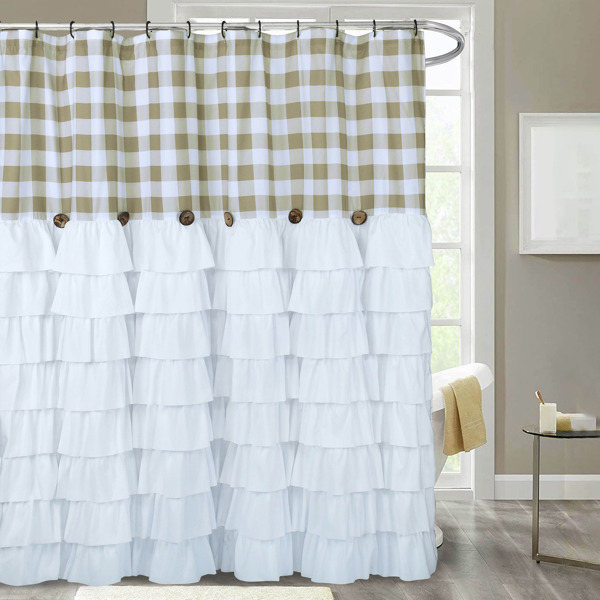 Farmhouse Ruffle Buffalo Check Shower Curtain with Coconut Buttons