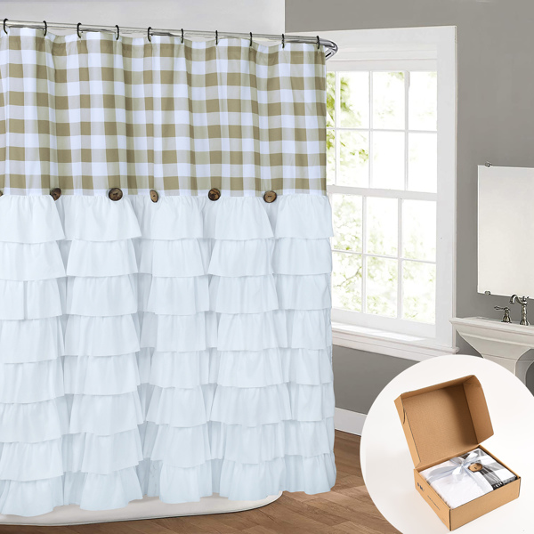 Farmhouse Ruffle Buffalo Check Shower Curtain with Coconut Buttons