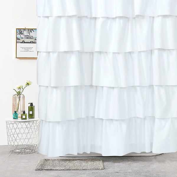 Farmhouse Ruffle Buffalo Check Shower Curtain with Coconut Buttons