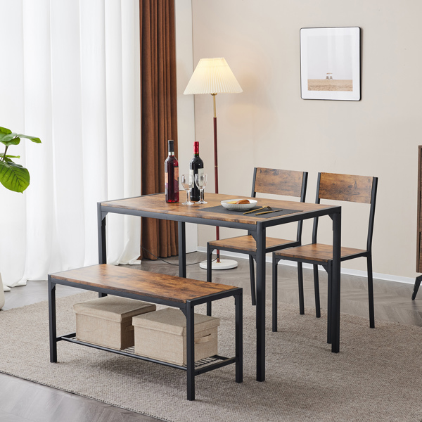 Dining Table Set for 4, Kitchen Table with 2 Chairs and a Bench, 4 Piece Kitchen Table Set for Small Space, Home Kitchen Bar Pub Apartment, Rustic Brown