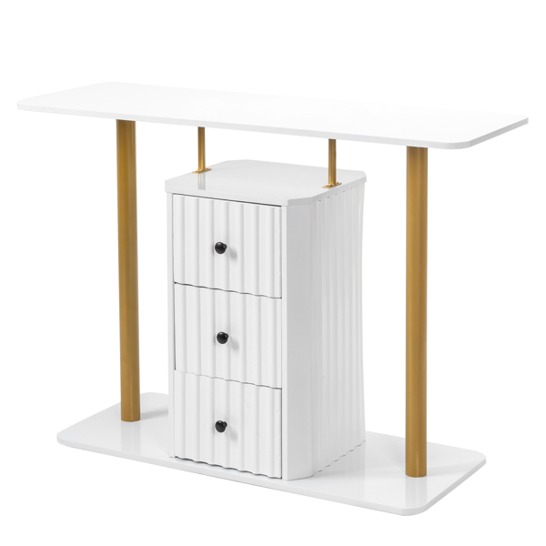 Modern Console Table with 3 Drawers, Faux Marble Veneer Entryway Table, Metal Frame Narrow Sofa Accent Table, Sofa Side Table for Living Room Bedroom, White & Golden