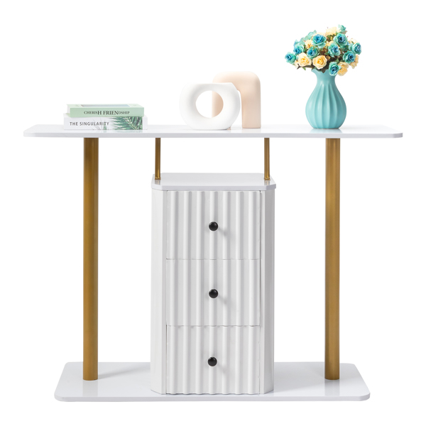 Modern Console Table with 3 Drawers, Faux Marble Veneer Entryway Table, Metal Frame Narrow Sofa Accent Table, Sofa Side Table for Living Room Bedroom, White & Golden
