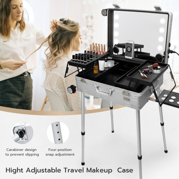 Makeup Train Case with Mirror and Lights, Free Standing Portable Vanity Station w/Wheels and Speakers, Professional Rolling Cosmetic Trolley Organizer Travel Case