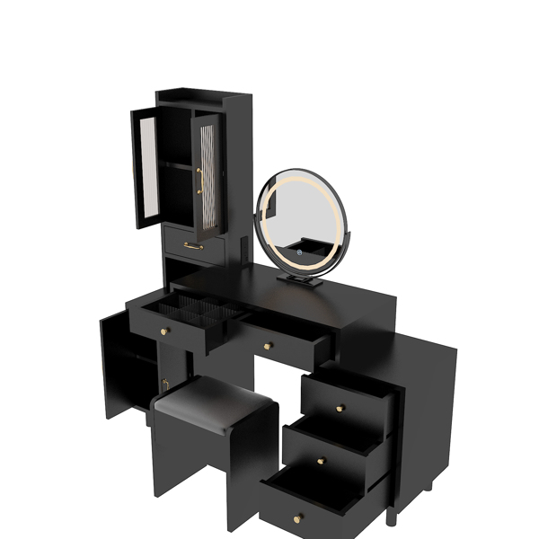 Modern Makeup Vanity Table Set with Side Cabinet and Nightstand and LED Mirror, Retractable Dressing Table with Power Outlets, 3 Light Colors