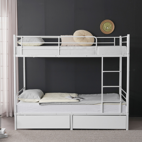 Twin Over Twin Convertible Bunk Bed with 2 Storage Drawers, Metal Bunk Bed Can be Divided Into Two Daybeds, White