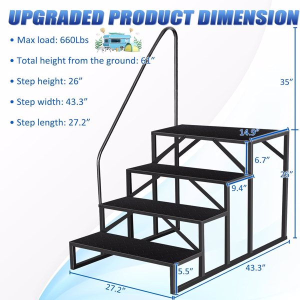 RV Steps with Handrail｜4 Step Hot Tub Spa Steps｜Update 3.0 Outdoor RV Stairs with Anti-Slip Pedals｜RV Ladders for Travel Trailers｜Heavy Duty Camper Steps for Camper, Porch, Spa