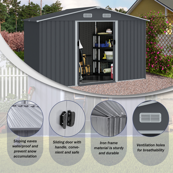 Outdoor Storage Shed 8 x 10 FT Large Metal Tool Sheds, Heavy Duty Storage House with Sliding Doors with Air Vent,Dark Grey [Sale to Temu is Banned.Sale to Temu is Banned.Weekend can not be shipped, or