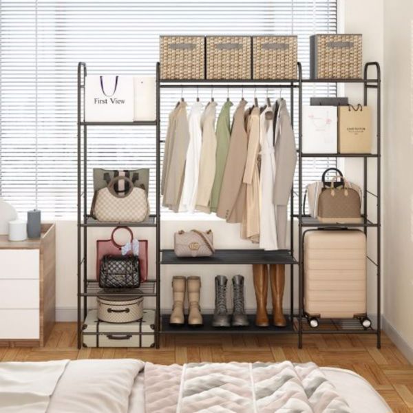 Garment Rack with Double Shelves for Hanging Clothes, Free-Standing Clothes Rack with Shelves for Bedroom, Bathroom, Metal Clothes Racks for Hanging Clothes, Coats, Shoes, Medium, Black 