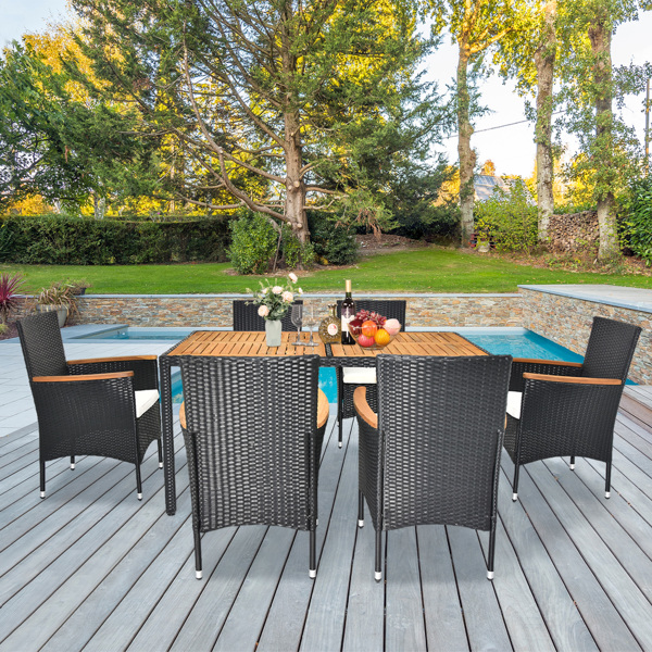 7 Piece Patio Dining Set, Outdoor Patio Conversation Set with Acacia Wood Table Top and Rattan Chairs and Soft Seat Cushions for Deck Backyard Garden, Black