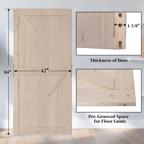 42 in. x 84 in. Unfinished Sliding Barn Door with 7FT Barn Door Hardware Kit & Handle ，K Frame，Solid Spruce Wood，Requires Simple DIY Assembly