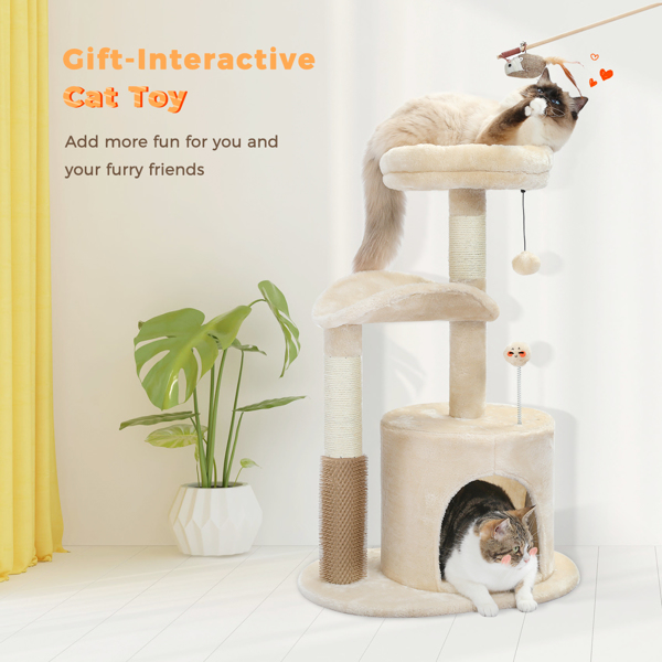  Small Cat Tree for Indoor Cats, Medium Cat Tower with Interactive Cat Toy, 32.7" Cat Condo with Self Groomer Brush, Natural Cat Scratching Post, Dangling Balls for Small & Medium Cats, Beige