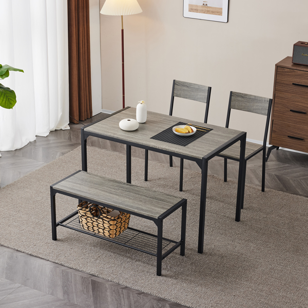 Dining Table Set for 4, Kitchen Table with 2 Chairs and a Bench, 4 Piece Kitchen Table Set for Small Space, Home Kitchen Bar Pub Apartment, Gray
