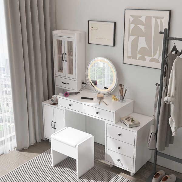Modern Makeup Vanity Table Set with Side Cabinet and Nightstand and LED Mirror, Retractable Dressing Table with Power Outlets, 3 Light Colors