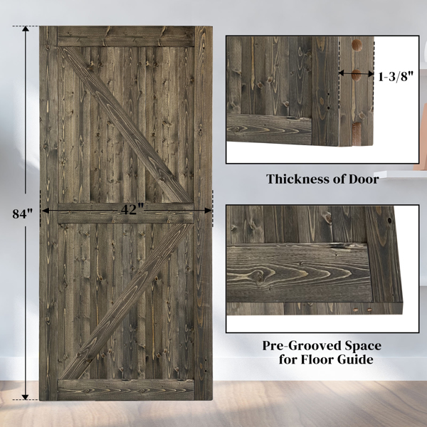 42 in. x 84 in. Sliding Barn Door with 7FT Barn Door Hardware Kit & Handle ，K Frame，Solid Spruce Wood，gray spray paint
