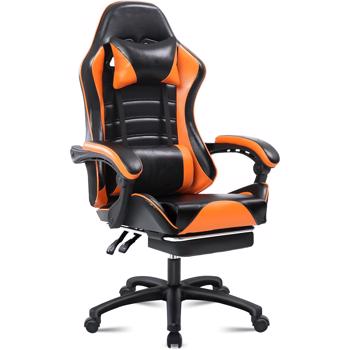 Game Chair, Adult Electronic Gaming Chair, Ergonomically Designed, PU Leather, Lounge Chair with Footstool and Waist Support, Office Chair, Orange