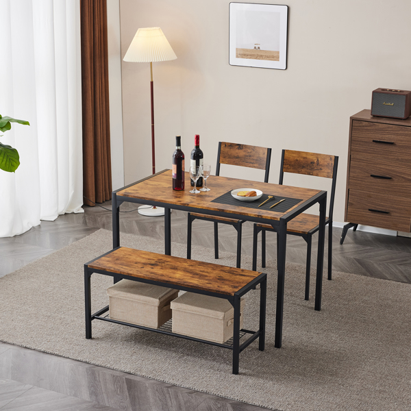 Dining Table Set for 4, Kitchen Table with 2 Chairs and a Bench, 4 Piece Kitchen Table Set for Small Space, Home Kitchen Bar Pub Apartment, Rustic Brown