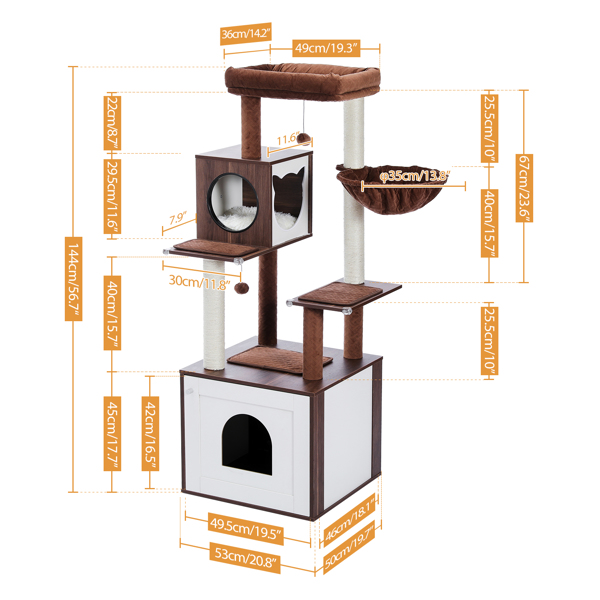 56.7" Cat Tree with Litter Box Enclosure Large, Wood Cat Tower for Indoor Cats with Storage Cabinet and Cozy Cat Condo, Sisal Covered Scratching Post and Repalcable Dangling Balls, Brown(Unable to shi