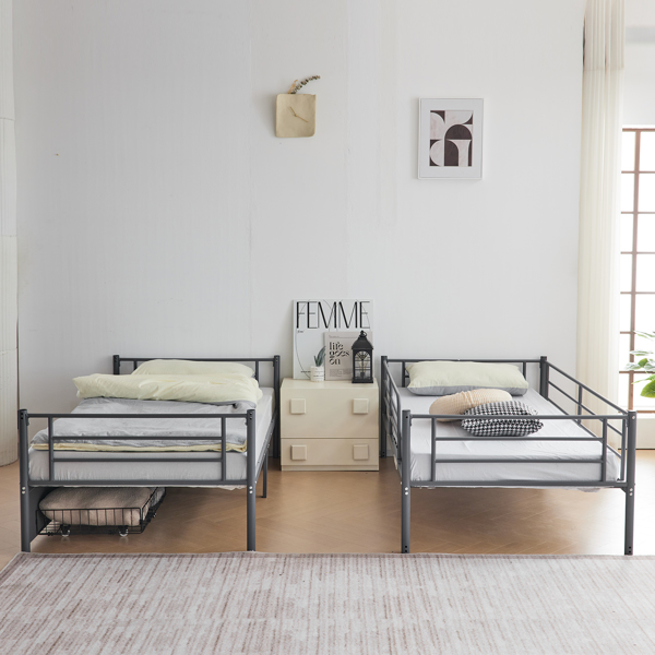 Twin Over Twin Convertible Bunk Bed with 2 Storage Drawers, Metal Bunk Bed Can be Divided Into Two Daybeds, Grey