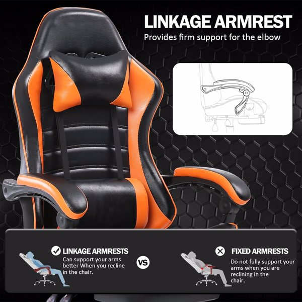 Game Chair, Adult Electronic Gaming Chair, Ergonomically Designed, PU Leather, Lounge Chair with Footstool and Waist Support, Office Chair, Orange