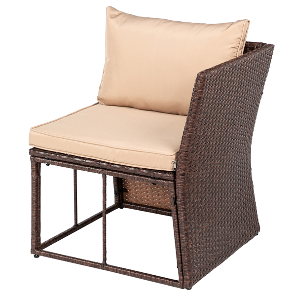 8-Piece Set Outdoor Rattan Dining Table And Chair Brown Wood Grain Rattan Khaki Cushion Plastic Wood Surface