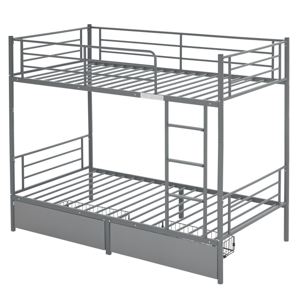 Twin Over Twin Convertible Bunk Bed with 2 Storage Drawers, Metal Bunk Bed Can be Divided Into Two Daybeds, Grey