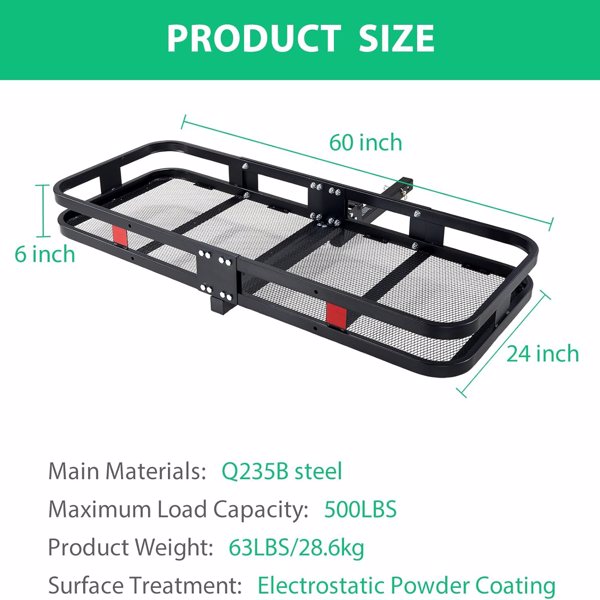 Trailer Hitch Cargo Carrier Rack 500 Lbs｜Heavy Duty Steel Cargo Basket｜60" X 24" X 6" Folding Mount Cargo Carrier with Waterproof Cargo Bag,Cargo Net, Stabilizer for Truck,SUV,RV