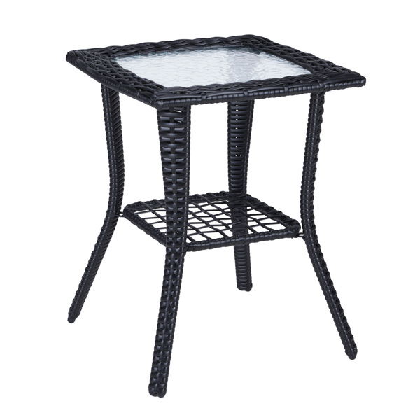 Outdoor Wicker Side Table, Rattan End Table with Glass Top, Patio Coffee Bistro Table for Indoor Garden Porch Balcony, Black