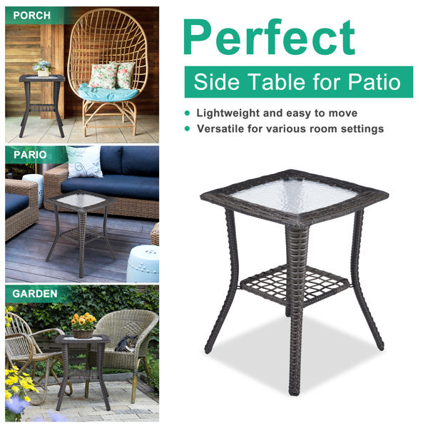 Outdoor Wicker Side Table, Rattan End Table with Glass Top, Patio Coffee Bistro Table for Indoor Garden Porch Balcony, Grey