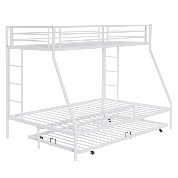 Twin Over Full Bunk Bed with Trundle, Triple Bunk Beds for Kids Teens Adults, Metal Bunk Bed with Two Side Ladder and Guardrails, White