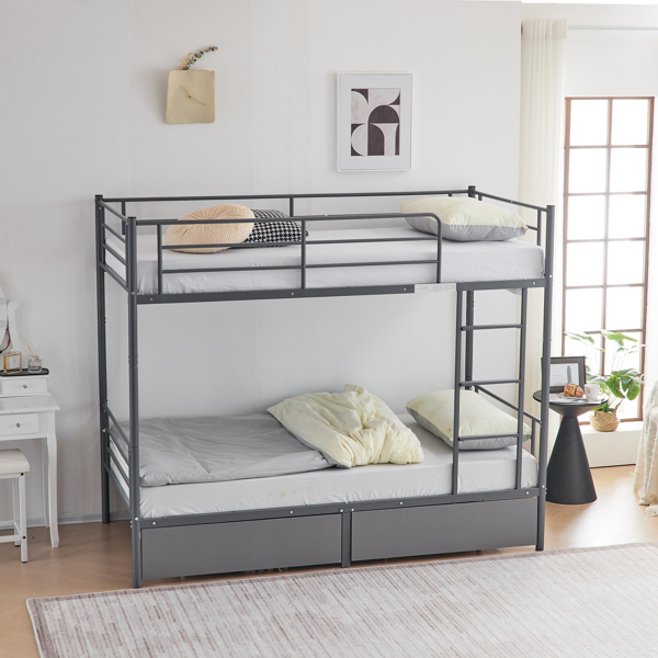 Twin Over Twin Convertible Bunk Bed with 2 Storage Drawers, Metal Bunk Bed Can be Divided Into Two Daybeds, Grey