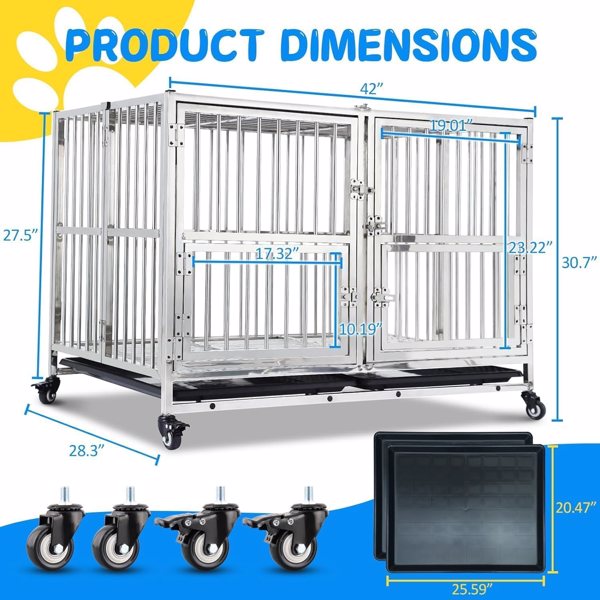 Large Dog Crate 42 inch, High Anxiety Indestructible Stainless Steel Dog Kennel with Lockable Wheels, Double Door and Sturdy Locks, Extra Large XL XXL Heavy Duty Dog Cage with Removable Tray, Silver