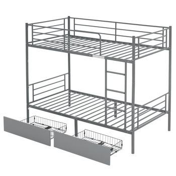 Twin Over Twin Convertible Bunk Bed with 2 Storage Drawers, Metal Bunk Bed Can be Divided Into Two Daybeds, Grey