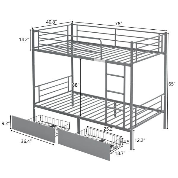 Twin Over Twin Convertible Bunk Bed with 2 Storage Drawers, Metal Bunk Bed Can be Divided Into Two Daybeds, Grey