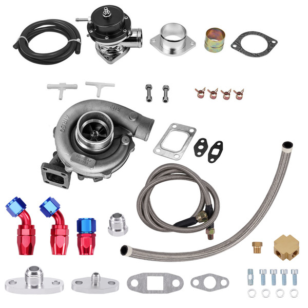 T3 T4 T04E Universal Turbo Kit + Type-RS BOV Blow Off Valve + Oil Feed Return Line Turbocharger Kit+ Downpipe